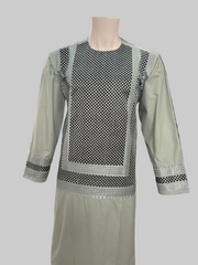 Men’s Sage Green Kameez – Sage with Black & Grey Machine Embroidery | Afghan Outfit (Medium)