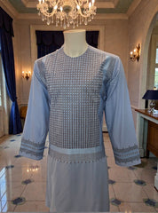 Medium Light Blue Afghan Parahan Tunban for Men with Machine Embroidery