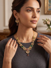 Luxury Gold Tone Green & Burgundy Crystal Floral Statement Necklace & Earrings Set |Gift-Ready Black Jewelry Box Included 6069