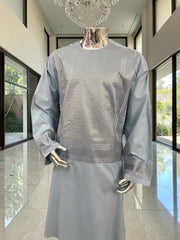 Men’s Blue Gray Embroidered Afghan Parahan Tunban with Matching Shawl – XXL