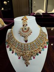 Multicolor Kundan Bridal Jewelry Set – Gold Tone Indian Pakistani Afghan Wedding Necklace Set with Earrings & Maang Tikka 7015