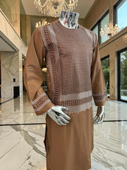 Medium Brown Parahan Tunban with White Embroidery | Traditional Afghan Men’s Wear