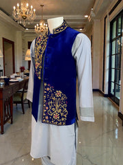 Royal Blue Velvet Vestcoat – Handmade Selma & Borr Borr Gold Embroidery | Men’s Luxury Afghan Waistcoat Medium