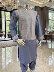 Small Afghan Parahan Tunban Kameese Shalwar Slate Blue Silver Machine Embroidery
