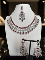 Luxury Ruby Red American Diamond Bridal Jewelry Set with Maang Tikka | Premium Brass Statement Necklace & Earrings Gift Box Included 6038