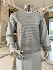Small Premium Ice Grey Machine Embroidered Parahan Tunban Set with Matching Chadder