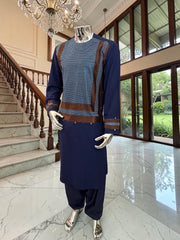 Large Navy Blue Afghan Parahan Tunban with Brown Machine Embroidery Detail