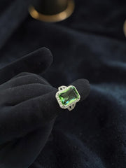 Green Crystal Statement Ring for Women – Silver Plated Halo Cocktail Ring with Split Band GR13