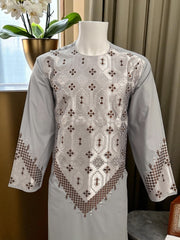 Men’s Light Gray Traditional Kameez with Brown and Silver Machine Embroidery – Large