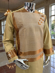 Small Men’s Golden Parahan Tumban with Bronze Geometric Embroidery – Afghan Traditional Outfit