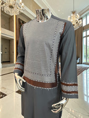 Small Charcoal Grey Men’s Shalwar Kameez Yakhandozi with white & Bronze Embroidery | Premium Traditional Wear