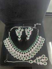 Luxury Emerald Green American Diamond Bridal Jewelry Set with Maang Tikka | Premium Brass Statement Collar Necklace, Earrings & Gift Box Included 6031