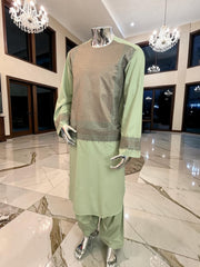 X-Large Pistachio Green Kandahari Parahan Tunban for Men | Premium Afghan Traditional Wear
