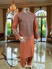 Small Men’s Caramel Brown Parahan Tumban with White & Tan Embroidery | Luxury Afghan Outfit with Matching Shawl