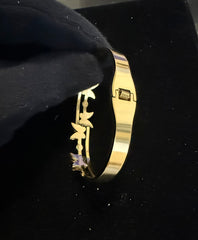 Gold Tone Stainless Steel Butterfly Bangle Bracelet with Clear Stone Accents 8062