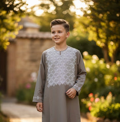 9 Years old Boys Taupe Parahan Tunban Afghan Machine Embroidered Outfit