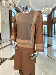 Medium Copper Brown Afghan Shalwar Kameez with Gold Embroidery | Premium Men’s Traditional Wear