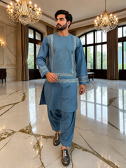 Medium Steel Blue Embroidered Men’s Parahan Tunban Yakhandozi – Premium Traditional Suit