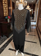 XL Black Afghan Parahan Tumban with Bronze & Silver Shesha Mirror Pattern – Men’s Traditional Wear
