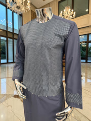 Men’s Grey Parahan Tumban with Matching Machine Embroidery – Traditional Afghan Outfit, Medium