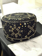Black and Gold Baluchi Hat with Brown Accents – Hand Embroidered Traditional Men’s Cap with Shesha Mirror Work