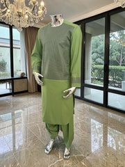 Medium Afghan Parahan Tunban Kameese Shalwar Green Machine Embroidery