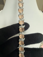 Blush Peach Crystal Leaf Bracelet – Silver Tone Elegant Sparkling Link Jewelry 7103