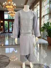 XL Afghan Men’s Kameez – Pale Lilac with Silver & Brown Embroidery | High-Quality Traditional Outfit