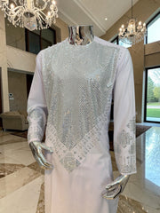 Medium White Cotton-Poly Shesha Mirror Work 2-Piece Afghan Outfit – Traditional Men’s Wear