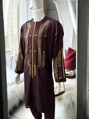 Afghan Parahan Tunban for Men Dark Burgundy Gold Machine Embroidered Medium