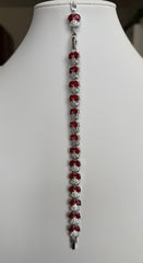 Ruby Red Crystal Heart Link Bracelet – Silver Tone Sparkling Statement Jewelry 7102