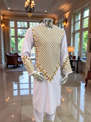 Men’s White Kameez with Gold and Navy Blue Machine Embroidery – Small Tall Size | Afghan Traditional Wear | Luqmaan Boutique