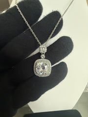 Cushion Cut Double Halo Pendant Necklace – Silver Tone Sparkling Statement Jewelry 7153