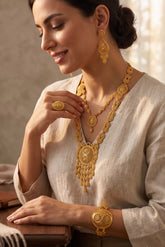 4-Piece Gold-Plated Traditional Filigree Jewelry Set – Layered Necklace, Earrings, Bracelet & Ring 076
