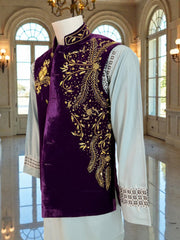 Medium Purple Velvet Men’s Waistcoat – Heavy Handmade Zari & Dabka Embroidery | Luxury Wedding waistcoat
