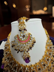 Purple Indian Pakistani Afghan Bridal Jewelry Set with Earrings & Maang Tikka | Gold Tone Crystal Rhinestone Necklace Set | Wedding Jewelry 7013