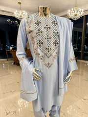 Small Sky Blue Handmade Mirror Embroidered Afghan Parahan Tunban Set with Chadder