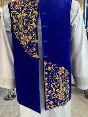 Royal Blue Velvet Vestcoat – Handmade Selma & Borr Borr Gold Embroidery | Men’s Luxury Afghan Waistcoat Medium