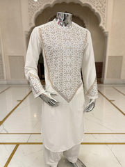 Men’s off white Afghan Parahan Tunban with Gold & Silver Embellishments and Shawl – 3-Piece Set shesha work 5042