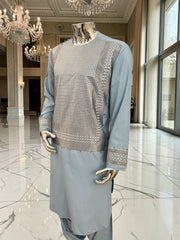 Large Men’s Light Blue Afghan Parahan Tunban with Khamakdozi-Inspired Machine Embroidery 7201
