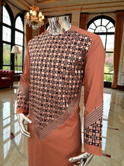 Small Men’s Caramel Brown Parahan Tumban with White & Tan Embroidery | Luxury Afghan Outfit with Matching Shawl
