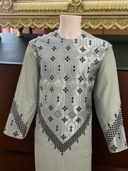 Sage Green Men’s Kameez with Black and Matching Sage Embroidery – Large