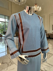 Medium Turquoise Afghan Parahan Tunban with Brown and White Premium Machine Embroidery for Boys/Men