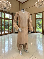 XL Beige Embroidered Afghan Parahan Tumban – Cotton-Blend Traditional Men’s Outfit | Luqmaan Boutique