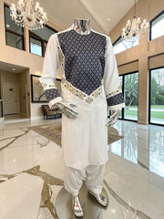 Small Off White Afghan Parahan Tunban Set – Premium Hand Embroidery Traditional Men’s Outfit with Matching Chadder Patto