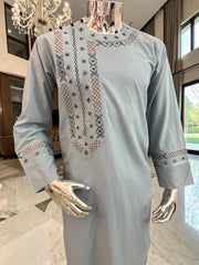 Small Men’s Hand Embroidered Afghan Parahan Tunban Set with Matching Shawl – Soft Silver green Traditional Outfit