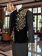 Medium Black Velvet Waistcoat – Heavy Handmade Gold Zari & Dabka Embroidery | Luxury Wedding Vestcoat Medium
