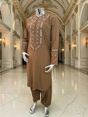 Men’s Brown Hand-Embroidered Afghan Parahan Tunban with Matching Shawl in Small, Medium, or Large