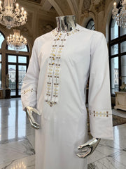 Men’s White Afghan Parahan Tunban with Gold & Brown Embroidery – Traditional Afghan Outfit