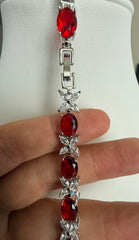 Ruby Red Oval Crystal Butterfly Bracelet – Silver Tone Statement Jewelry 7086